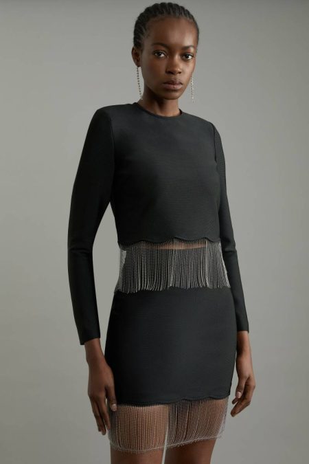 Tailoring Women Karen Millen Black Figure Form Bandage Knit Scallop Tassel Skirt