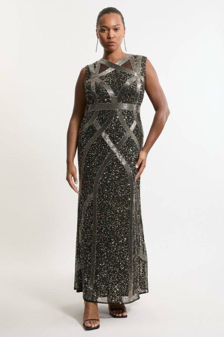 Tailoring Women Karen Millen Black Plus Size Embellished And Beaded Woven Maxi Dress