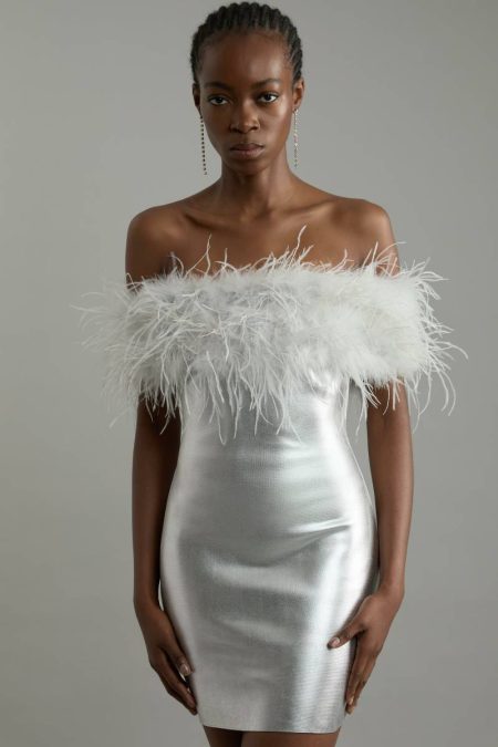 Tailoring Women Karen Millen Foiled Figure Form Bandage Knit Feather Off The Shoulder Mini Dress Silver