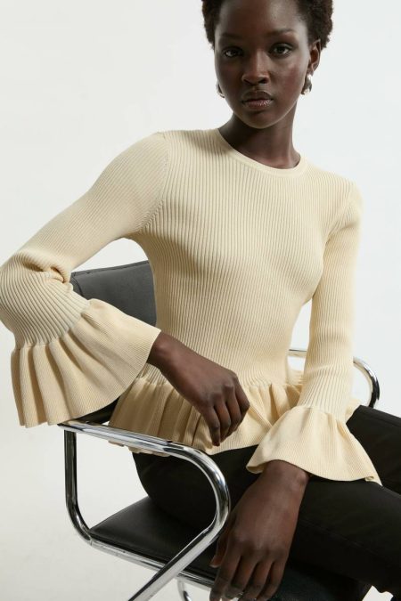 Tailoring Women Karen Millen Ivory Full Sleeve Peplum Knit Rib Top