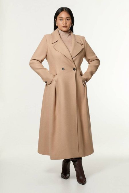 Tailoring Women Karen Millen Plus Size Premium Italian Wool Blend Flared Skirt Midaxi Coat Camel