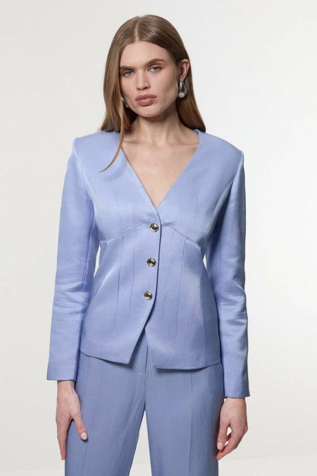 Tailoring Women Karen Millen Premium Viscose Linen Tailored Darted Single Breasted Jacket Ivory