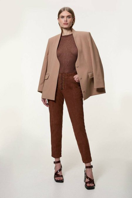 Tailoring Women Karen Millen Tan Suede Lace Up Slim Leg Pants