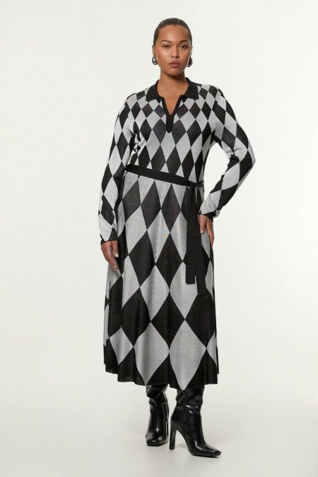 Tailoring Women Mono Plus Size Slinky Knit Mono Jacquard Belted Maxi Dress Karen Millen