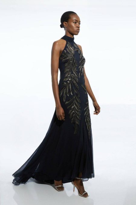 Tailoring Women Navy Petite Halter Neck Feather Sequin Detail Woven Maxi Dress Karen Millen