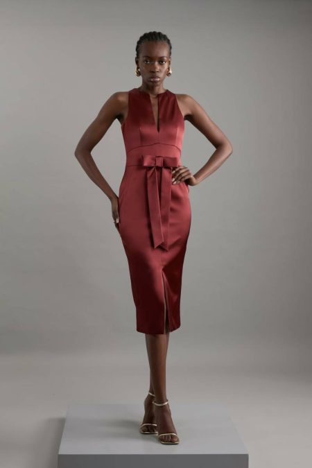 Tailoring Women Petite Italian Structured Satin Bow Detail Tailored Maxi Dress Rust Karen Millen