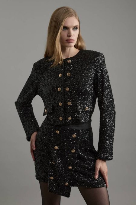 Tailoring Women Petite Sequin Cropped Blazer Black Karen Millen