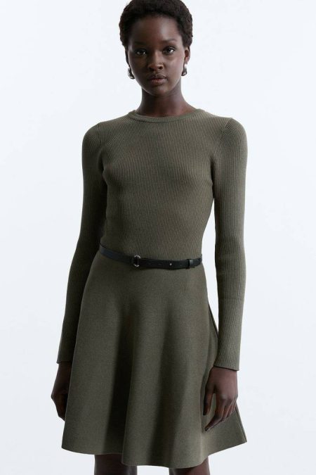 Tailoring Women Viscose Blend Crew Neck Knitted Skater Dress Karen Millen Khaki