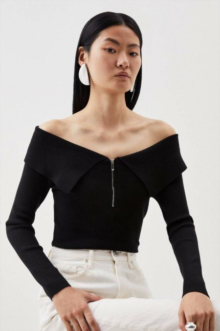 Tailoring Women Viscose Blend Front Zip Off The Shoulder Longline Sweater Mink Karen Millen