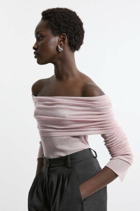 Tailoring Women Wool Blend Ballet Off The Shoulder Knit Top Taupe Karen Millen