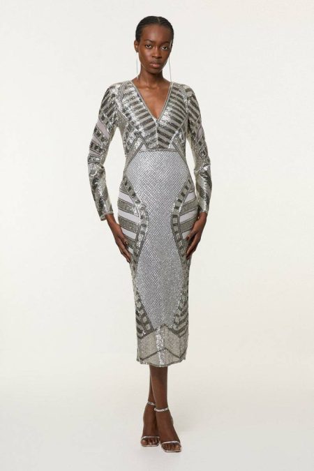 Tall Beaded Embellished Woven Maxi Dress Women Karen Millen Maxi Dresses Silver