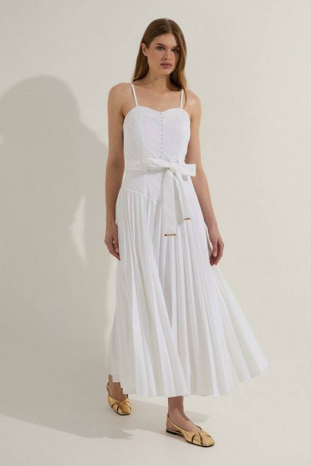 Tall Cotton Top Stitch Dropped Waist Woven Strappy Midi Dress Women Midi Dresses White Karen Millen