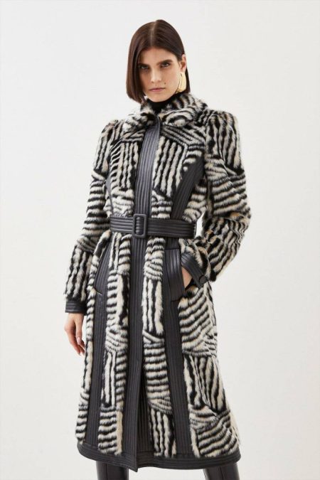 Tall Faux Fur Pu Panelled Stripe Belted Coat Women Multi Karen Millen Tailoring