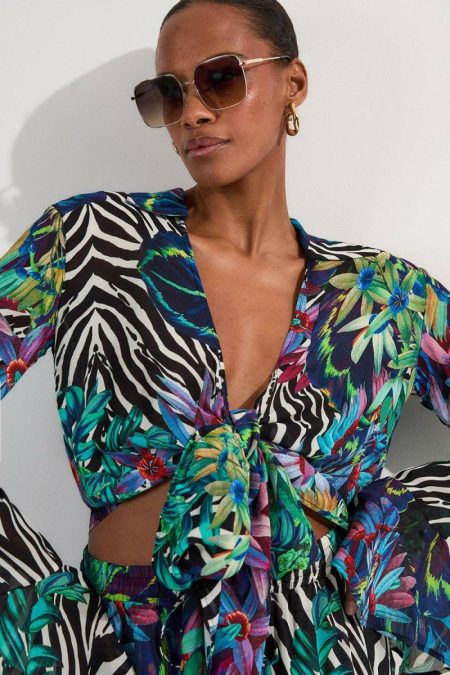 Tall Floral Animal Viscose Georgette Beach Wrap Top Karen Millen Tops Blue Women