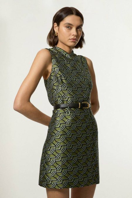 Tall Geo Jacquard Twill Tailored Belted Mini Dress Karen Millen Women Green Mini Dresses