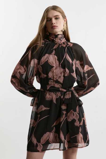 Tall Georgette Tie Neck Woven Mini Dress Floral Women Karen Millen Mini Dresses