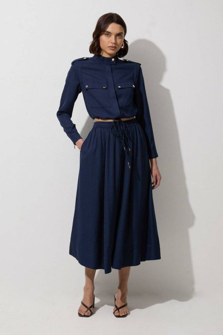 Tall Premium Viscose Linen Tie Waist Woven Skirt Skirts Women Navy Karen Millen