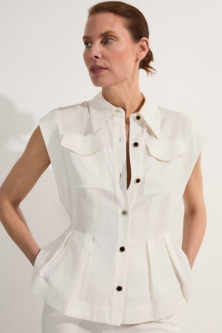 Tall Premium Viscose Linen Topstitch Woven Blouse With Waist Seam Detail Tops Karen Millen Women White