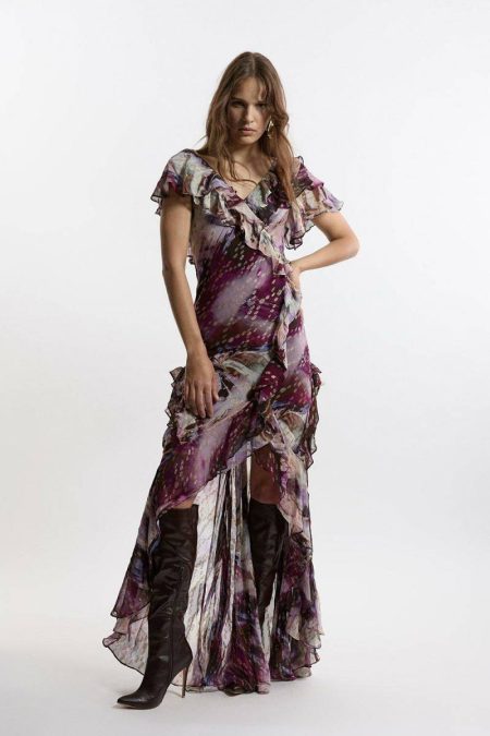 Tall Ruffle Detail Metallic Thread Maxi Dress Women Karen Millen Tailoring Multi