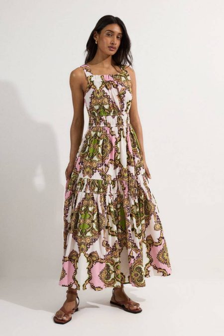 Tall Shirred Cotton Tiered Tile Print Woven Maxi Dress Maxi Dresses Karen Millen Women Multi