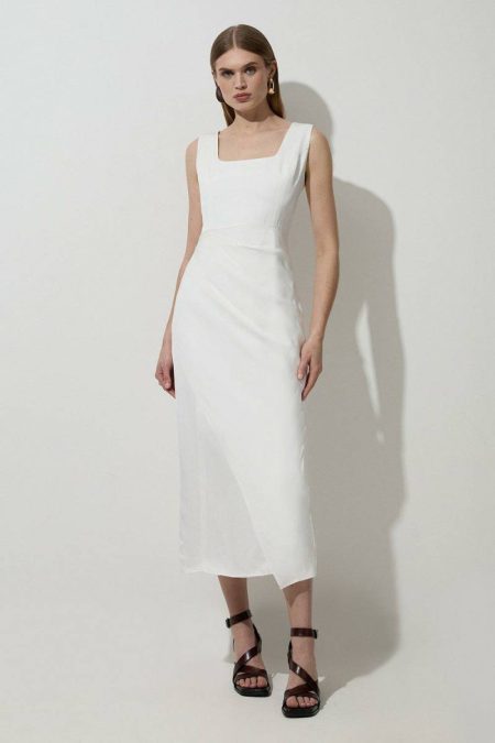 Tall Tailored Viscose Linen Strappy Pleat Detail Midaxi Dress Maxi Dresses Ivory Women Karen Millen