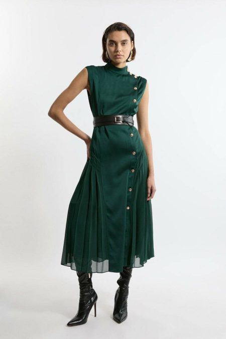 Tall Top Stitch Satin Georgette Strong Shoulder Midi Dress Tailoring Women Karen Millen Forest