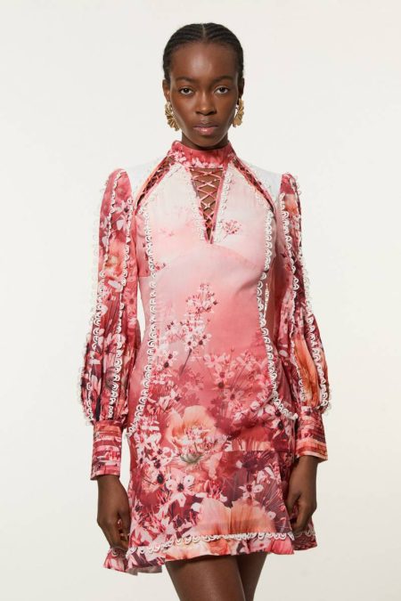 Tall Trailing Floral Woven High Neck Mini Dress Karen Millen Pink Mini Dresses Women