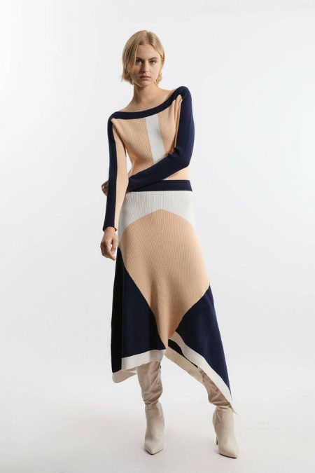 Tall Viscose Blend Asymmetric Color Block Dress Women Tailoring Neutral Karen Millen