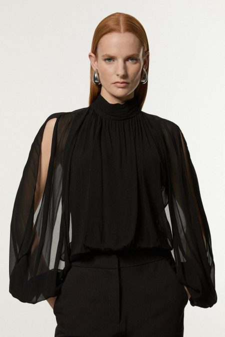Tall Viscose Georgette Cady Lace Insert Bodysuit Tailoring Black Women Karen Millen