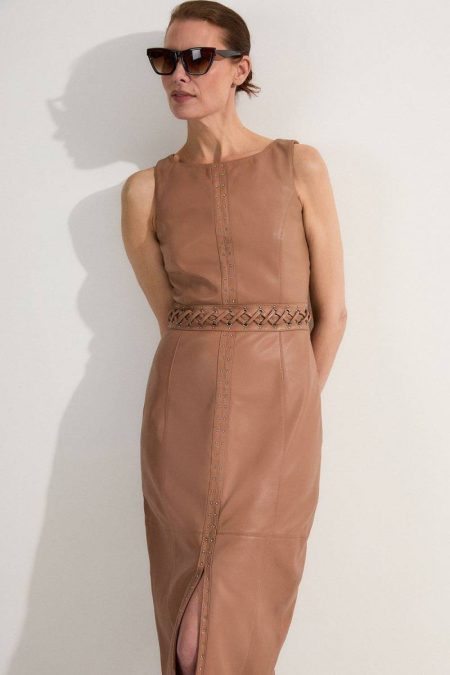 Tan Karen Millen Leather Eyelet And Lace Trim Detail Sleeveless Midi Pencil Dress Women Midi Dresses