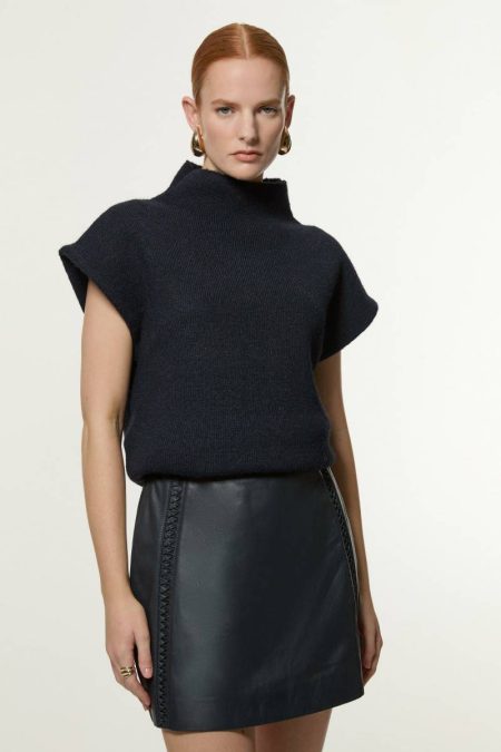 Tan Women Tailoring Karen Millen Leather Twist Detail A Line Mini Skirt