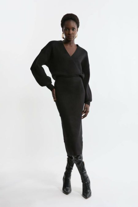 Tan Wool Look Blouson Sleeve Midi Knit Pencil Dress Tailoring Karen Millen Women