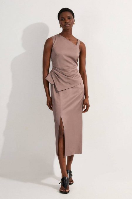 Taupe Maxi Dresses Women Petite Premium Viscose Linen Asymmetric Neck Tailored Pencil Maxi Dress Karen Millen