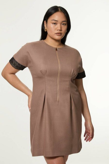 Taupe Plus Size Tailored Twill Lace Mix Zip Front Mini Dress Tailoring Women Karen Millen