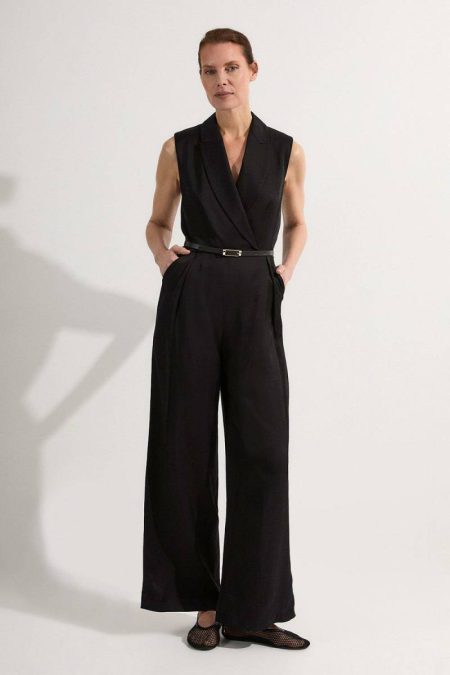 Taupe Tailoring Women Karen Millen Premium Viscose Linen Tailored Belted Wide Leg Jumpsuit