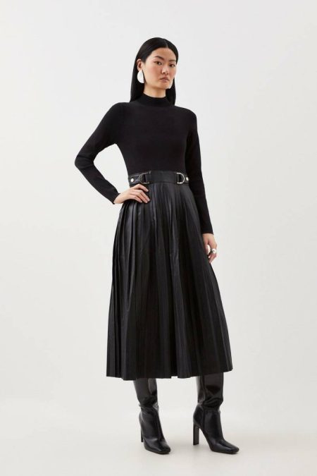 Teal Women Pu Knit Pleated Skirt Midi Dress Tailoring Karen Millen