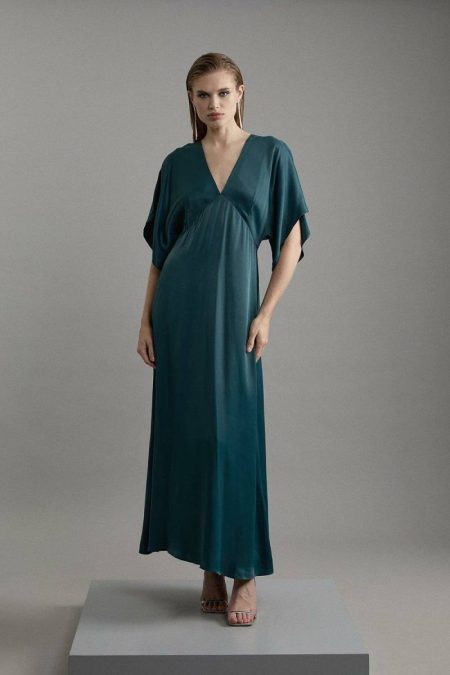Teal Women Tailoring Petite Satin Angel Sleeve Woven Maxi Dress Karen Millen