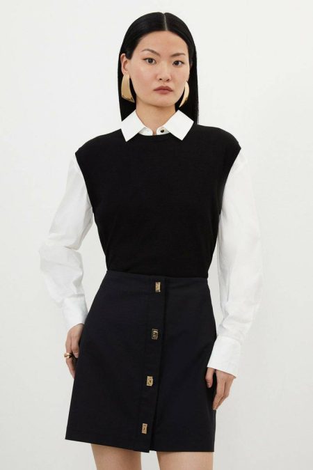 Techno Cotton Woven Skirt With Gold Clasp Skirts Women Karen Millen Black