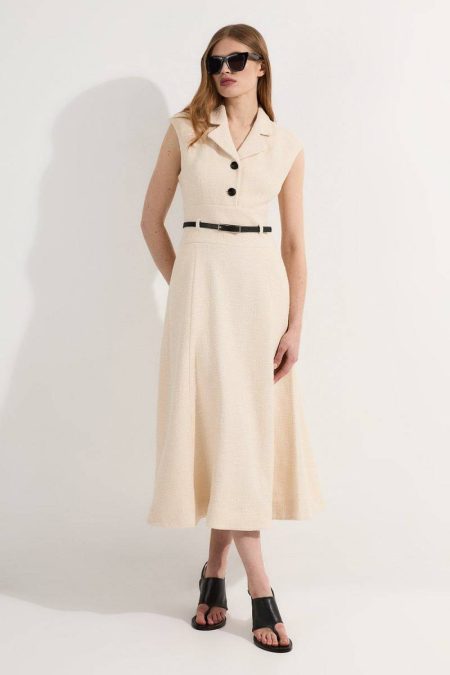 Textured Tweed Belted Full Skirted Midi Dress Women Cream Karen Millen Midi Dresses