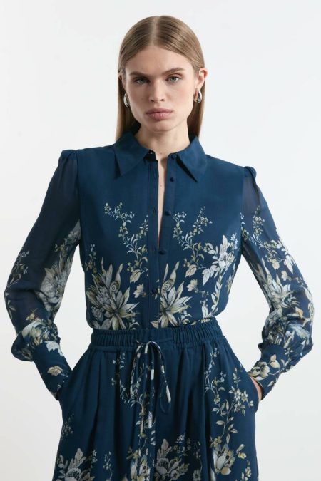 Tops Dark Navy Karen Millen Women Tall Border Print Viscose Piped Woven Shirt Balloon Sleeve Shirt