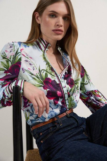 Tops Karen Millen Women Floral Floral Printed Balloon Sleeve Woven Tie Neck Blouse