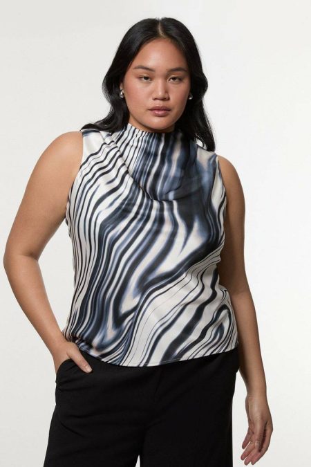 Tops Karen Millen Women Mono Plus Size Graduated Stripe Viscose Satin Sleeveless High Neck Blouse