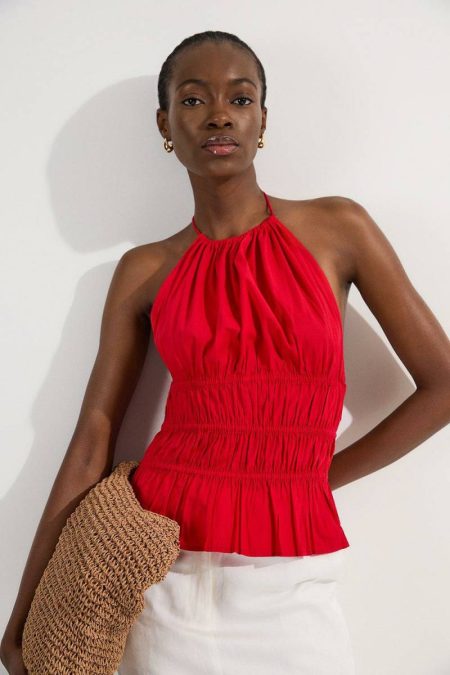 Tops Karen Millen Women Red Shirred Cotton Tiered Halter Neck Woven Top