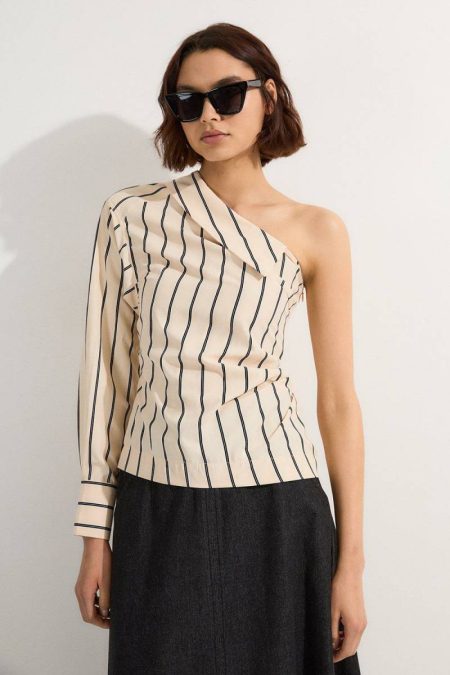 Tops Stripe Cotton Stripe Belted Woven One Shoulder Top Women Karen Millen