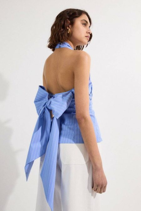 Tops Striped Cotton Poplin Cross Front Halter Neck Blouse With Bow Detail Karen Millen Stripe Women