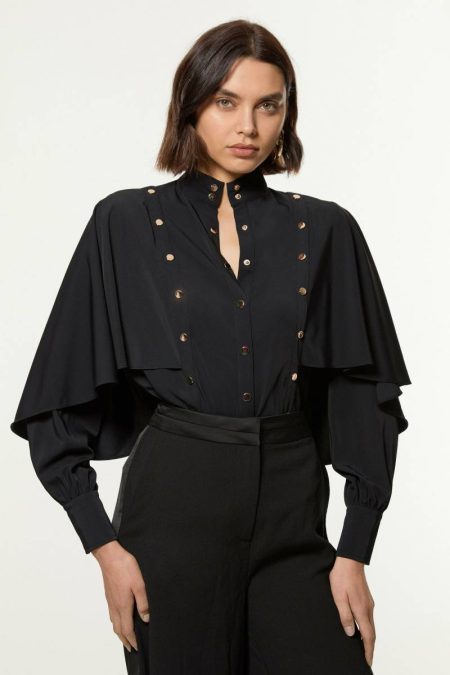 Tops Studded Crepe Cape Sleeve Woven Blouse Black Karen Millen Women