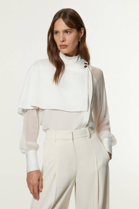 Tops Women Karen Millen Ivory Military Sheer Satin Cape Detail Woven Top