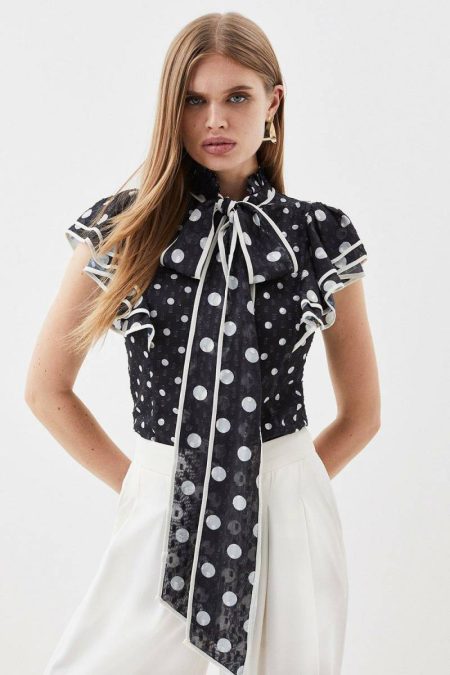 Tops Women Karen Millen Mocha Mixed Dot Ruffle Georgette Blouse
