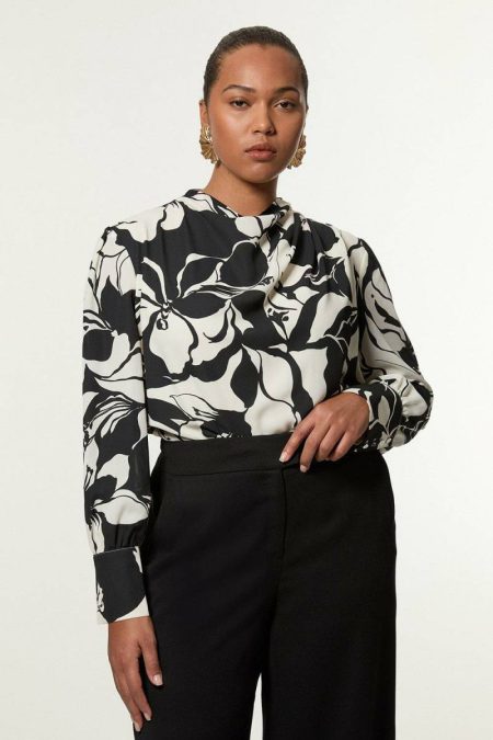 Tops Women Plus Size Printed Woven High Neck Blouse Black Karen Millen