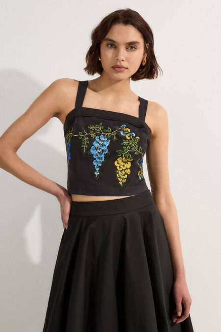 Tops Women Tall Floral Embroidered Woven Strappy Top Karen Millen Black
